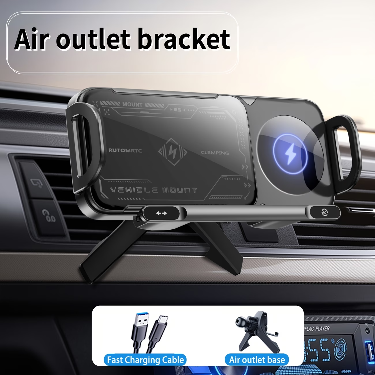 15W Wireless Car Charger Mount Auto Clamp Fast Charge Phone Holder 4.3-6.9" Fold
