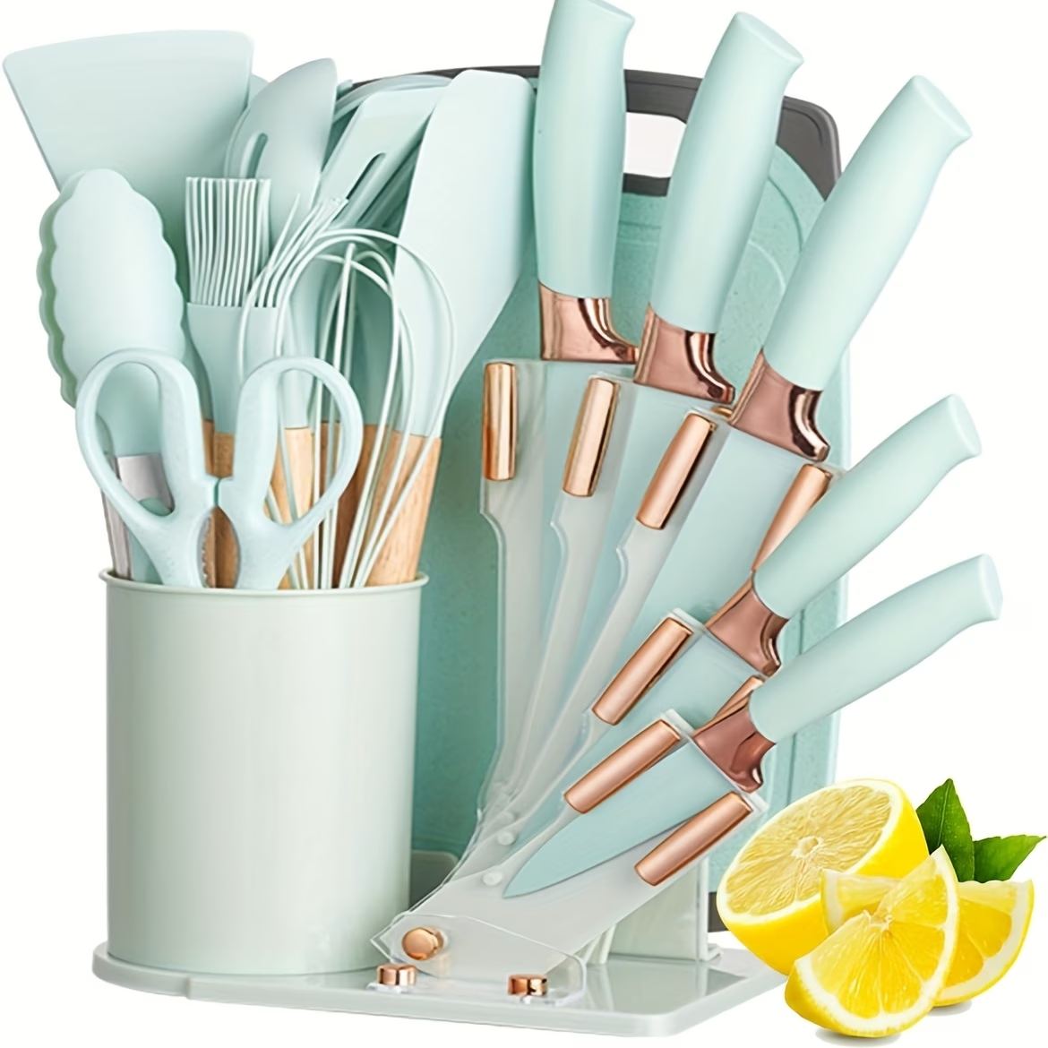 19PCS Silicone Kitchen Utensil Knife Set Nonstick Wooden Handle Tools