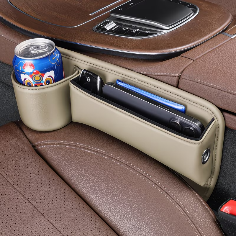 2PCS Car Seat Gap Filler Organizer Beige Phone Holder Wallet Key Storage Box