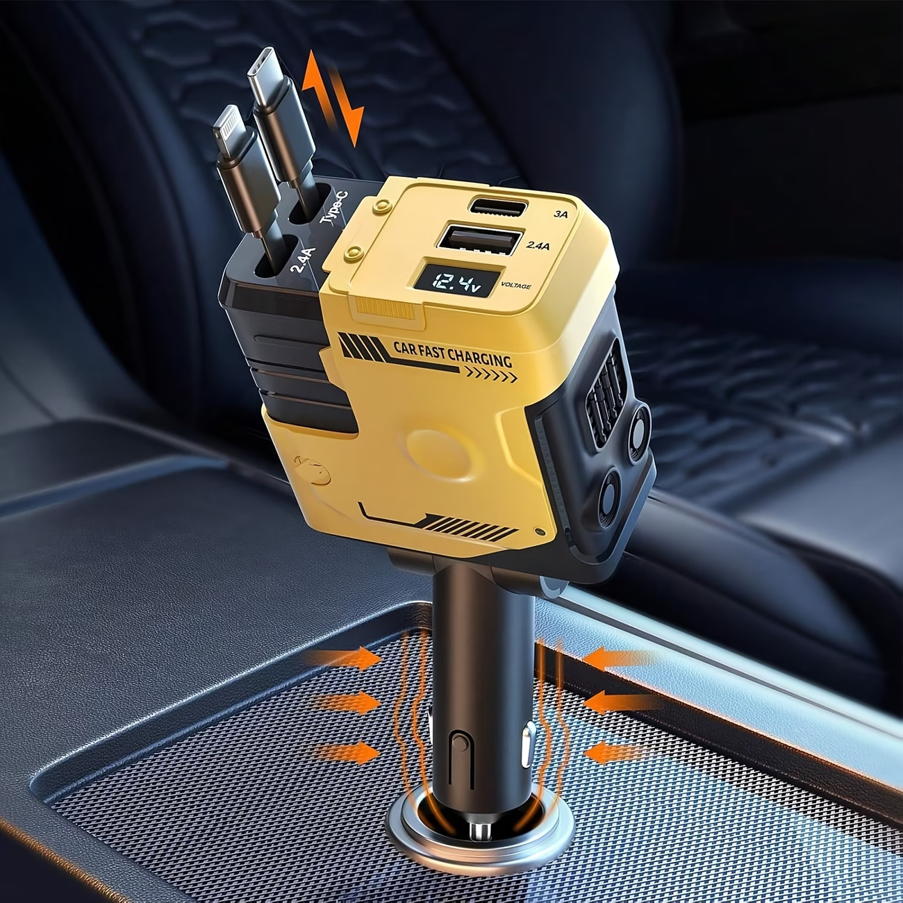 120W 4-in-1 Retractable Car Charger PD Fast USB-C iPhone Samsung