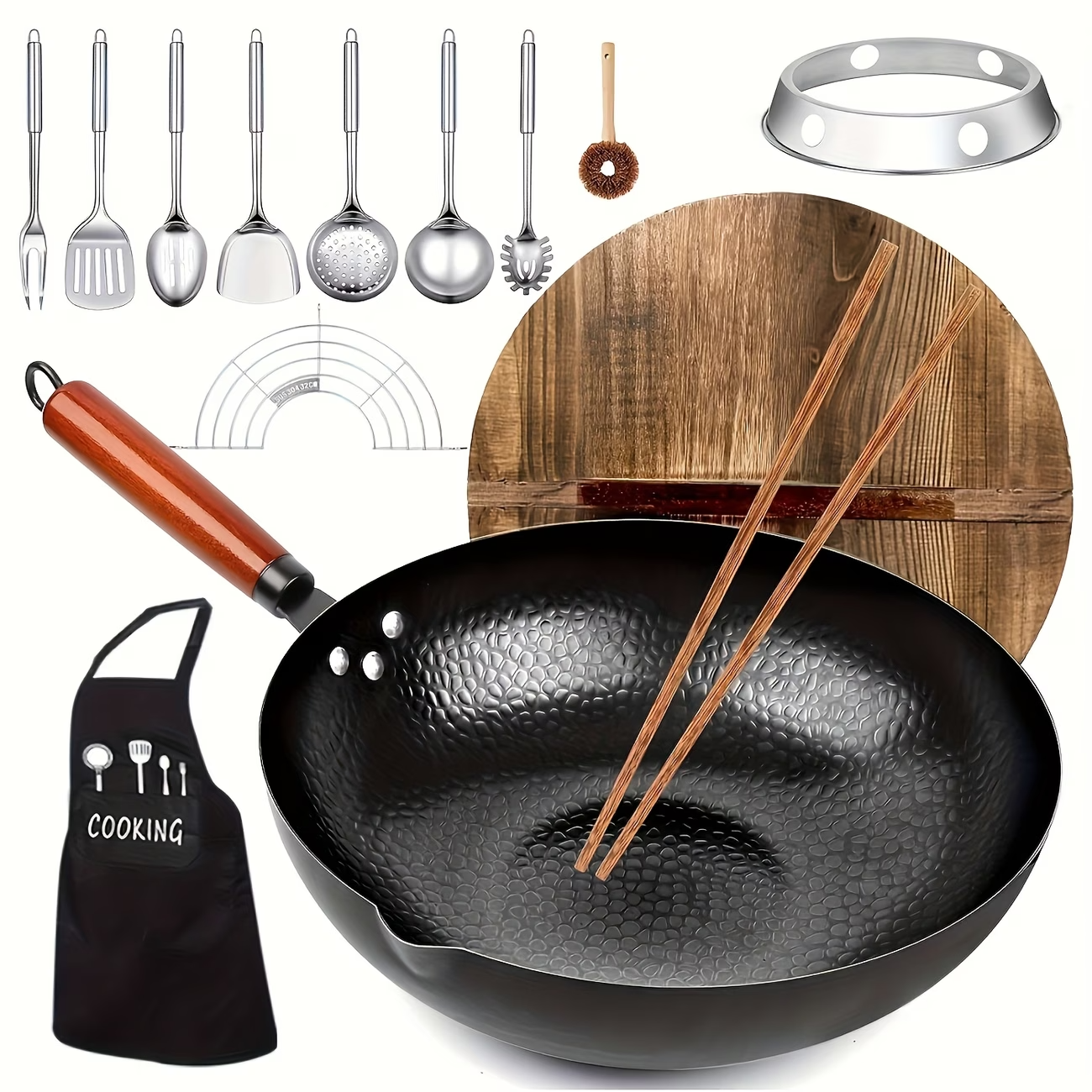 12.6'' Cast Iron Wok Pan Set Nonstick Frying Pan w/ 13 Kitchen Tools