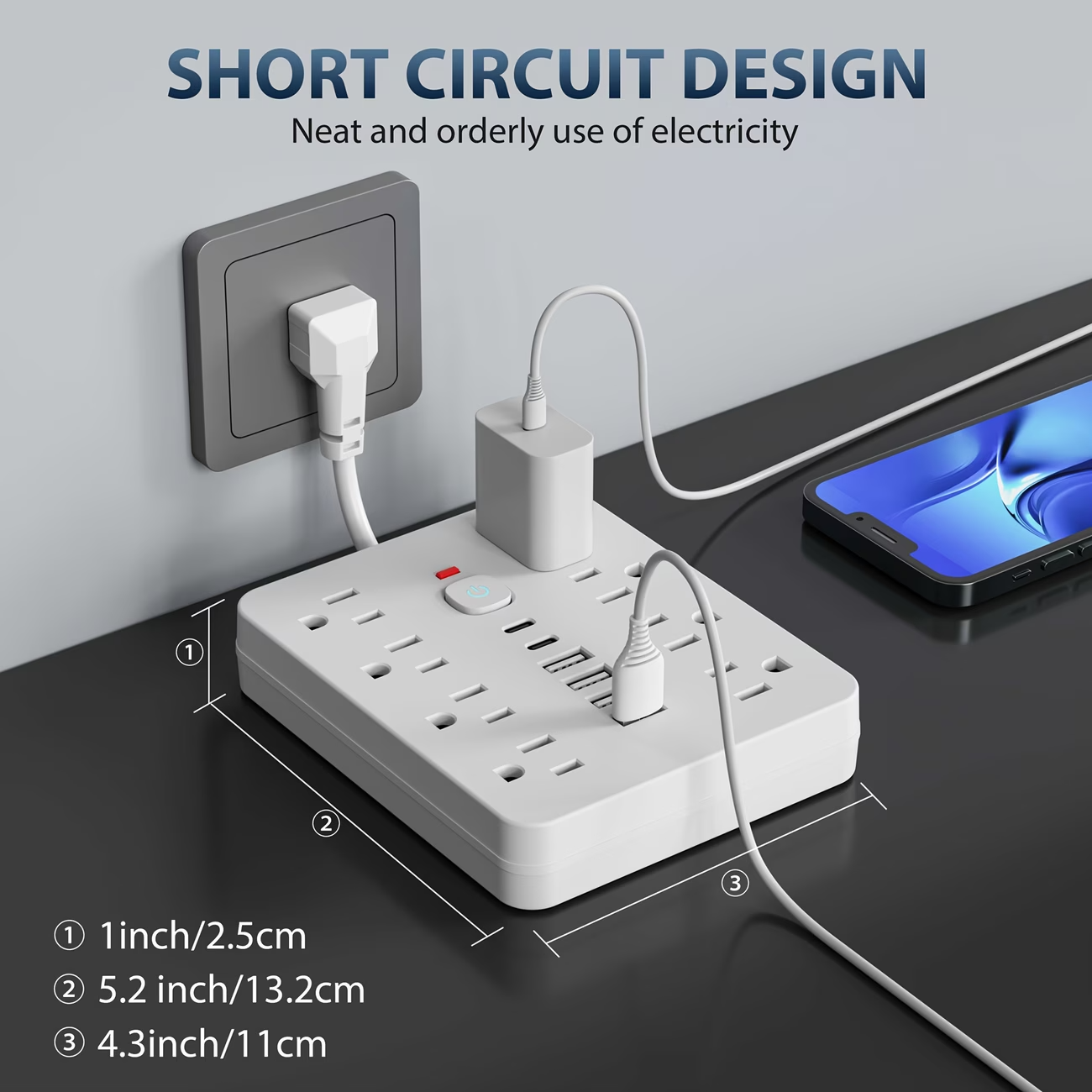 14 in 1 Power Strip Surge Protector 8 Outlets 4 USB 2 Type C Flat Plug