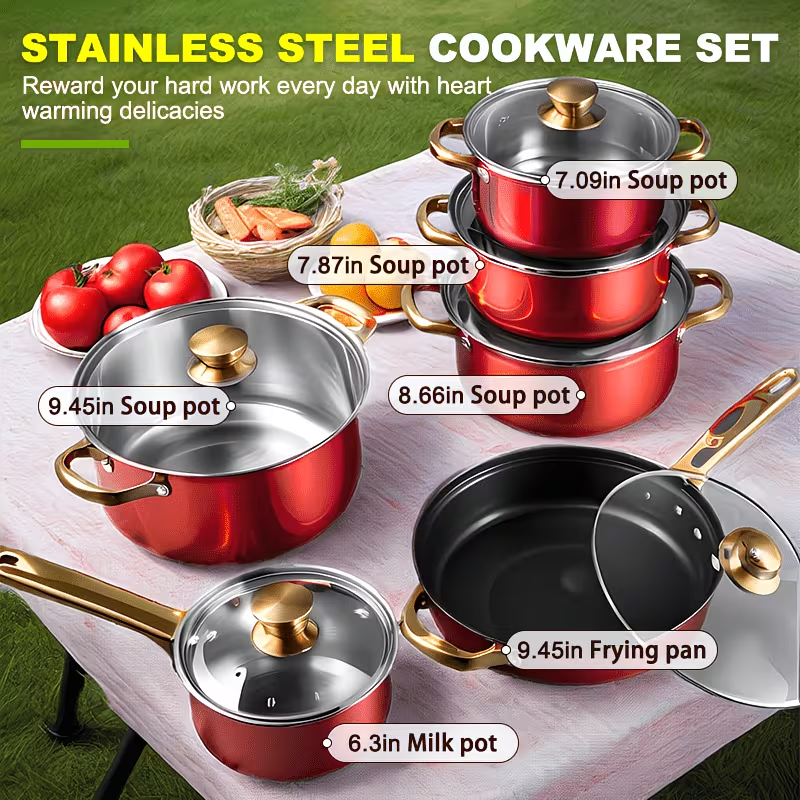 12PCS Cookware Set Nonstick Stainless Steel Pots Pans Red Kitchen Set