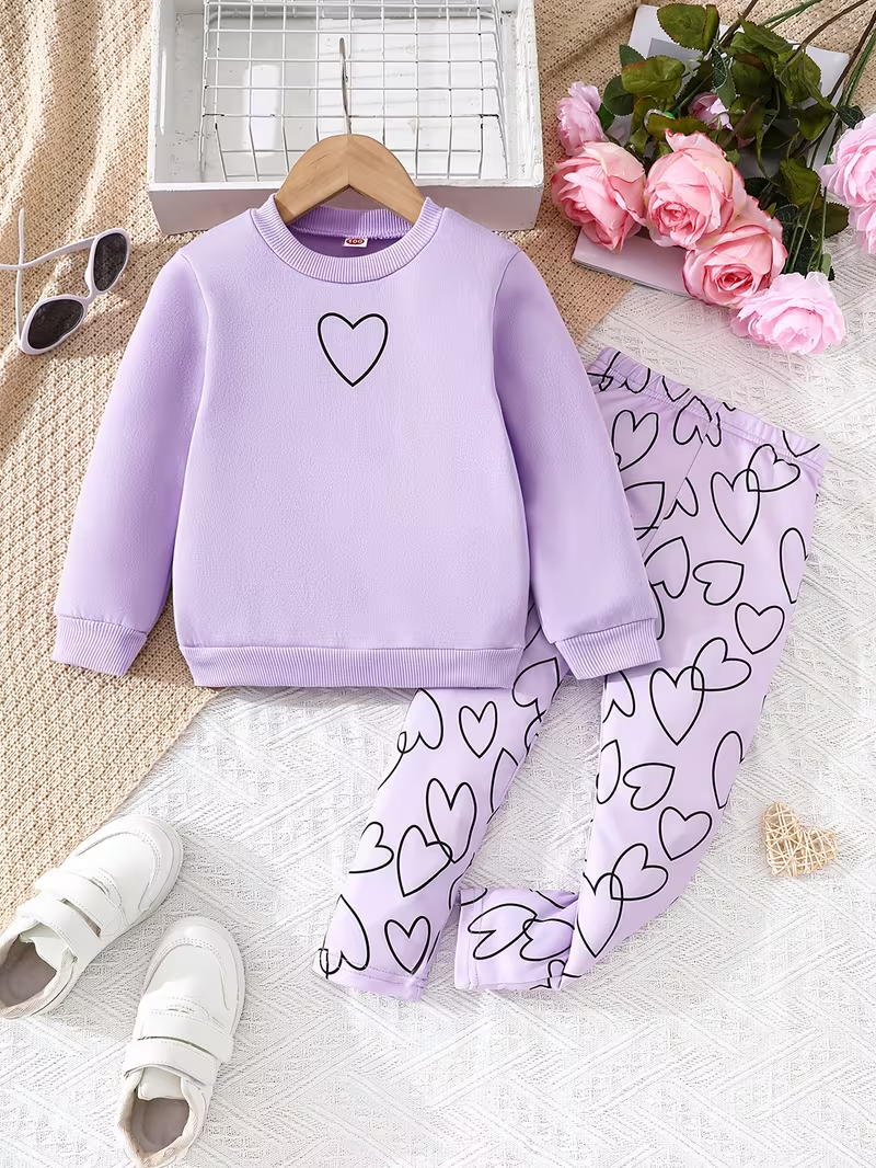 2-piece Set. Girls' Round-neck Sweatshirt with Long Pants Set, Featuring a Round