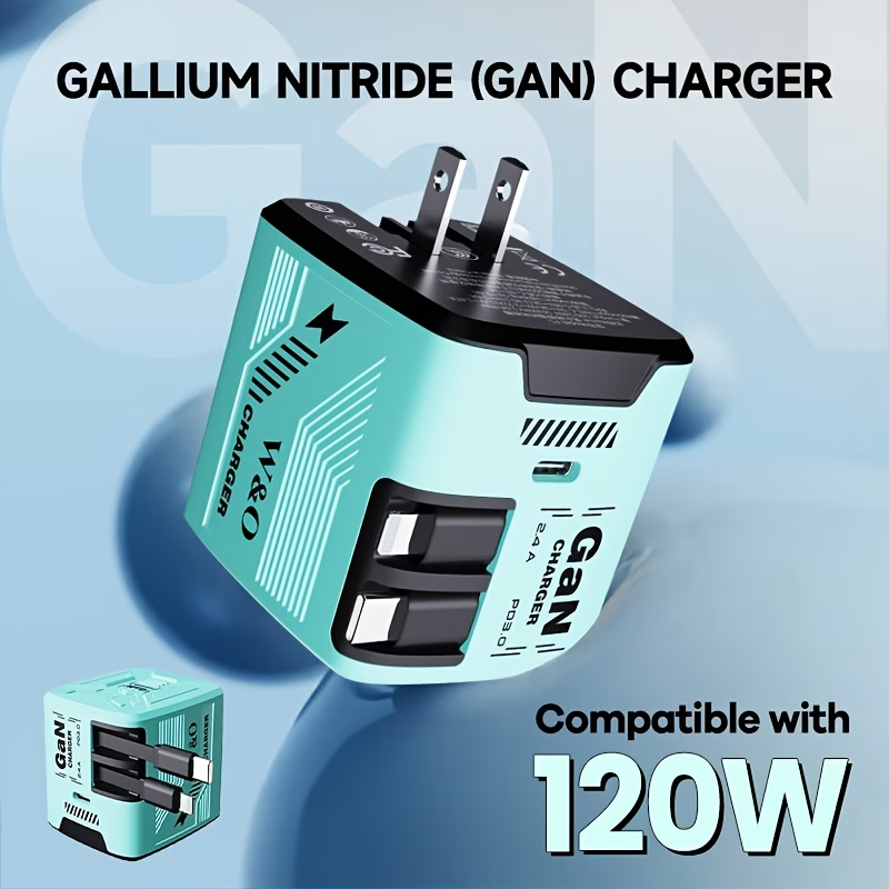 120W GaN Fast Charger Retractable Cable USB-C Travel Wall Charger Fold
