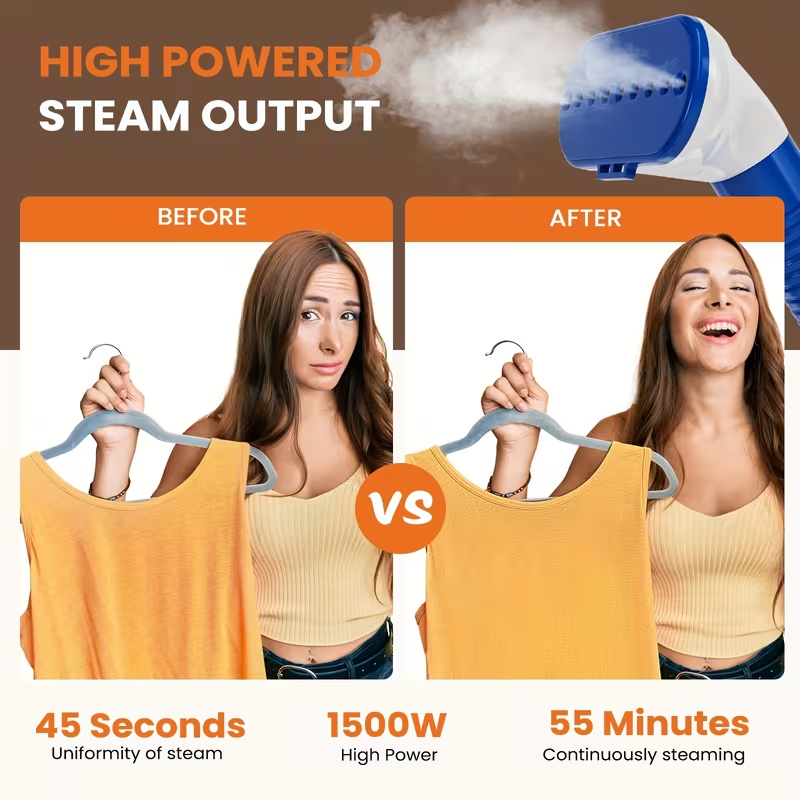 1500W Garment Steamer Vertical Rolling Clothes Steamer 60min Tank Fast Heat Comm