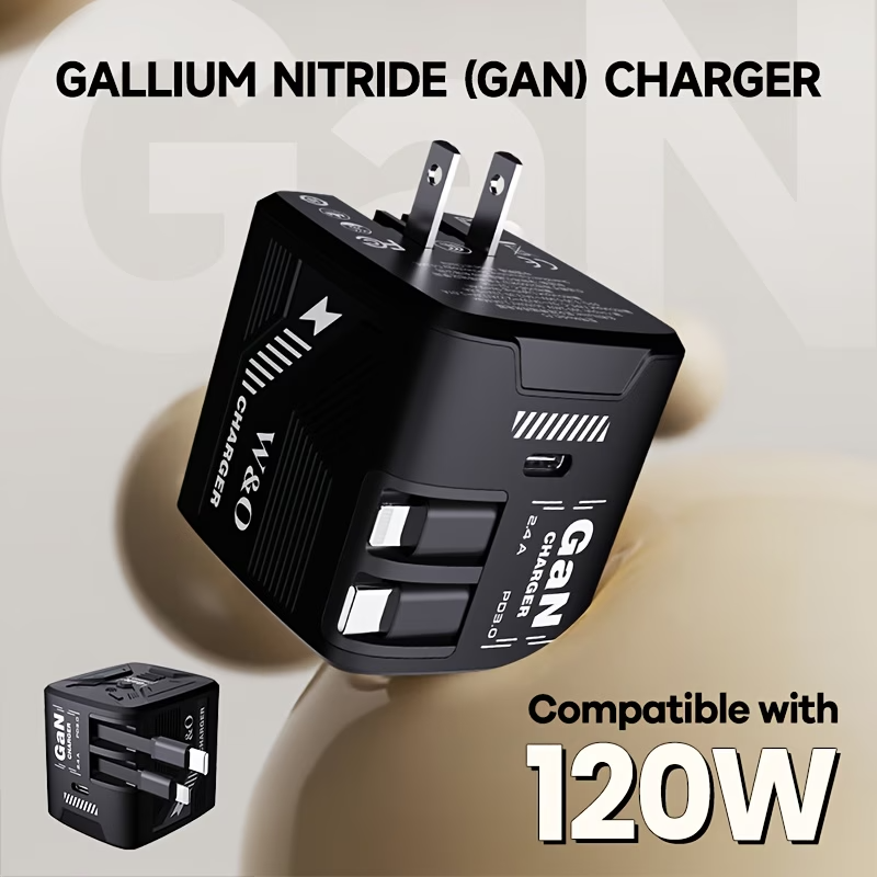 120W GaN Fast Charger Retractable Cable USB-C Travel Wall Charger Fold
