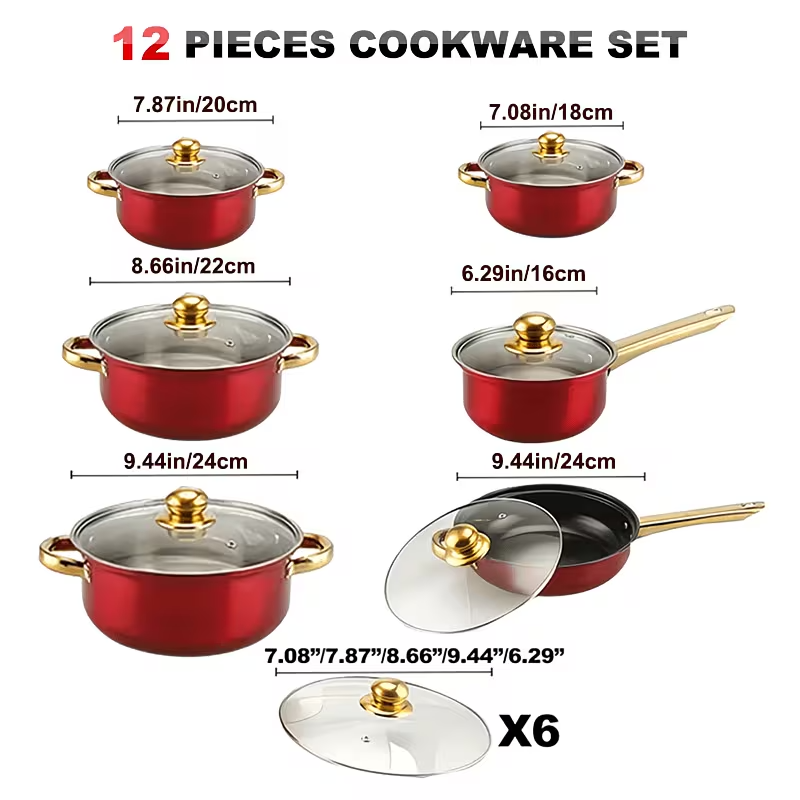 12PCS Cookware Set Nonstick Stainless Steel Pots Pans Red Kitchen Set