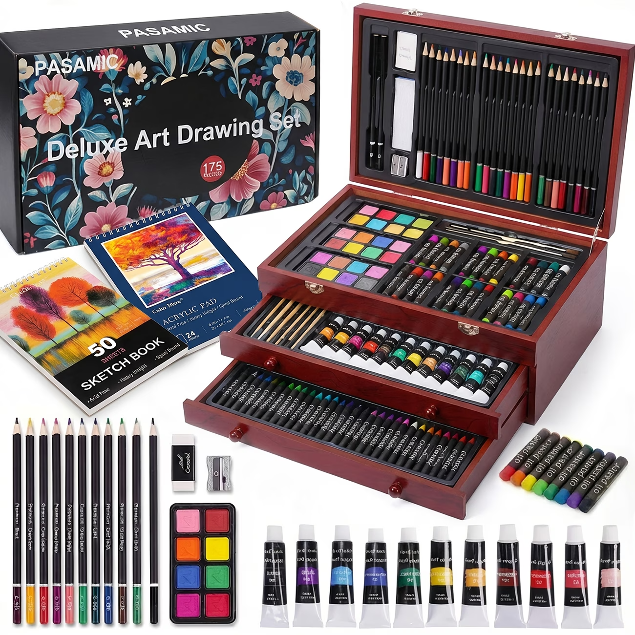 175pcs Deluxe Art Set Wooden Case Paint Kit Colored Pencils Crayons
