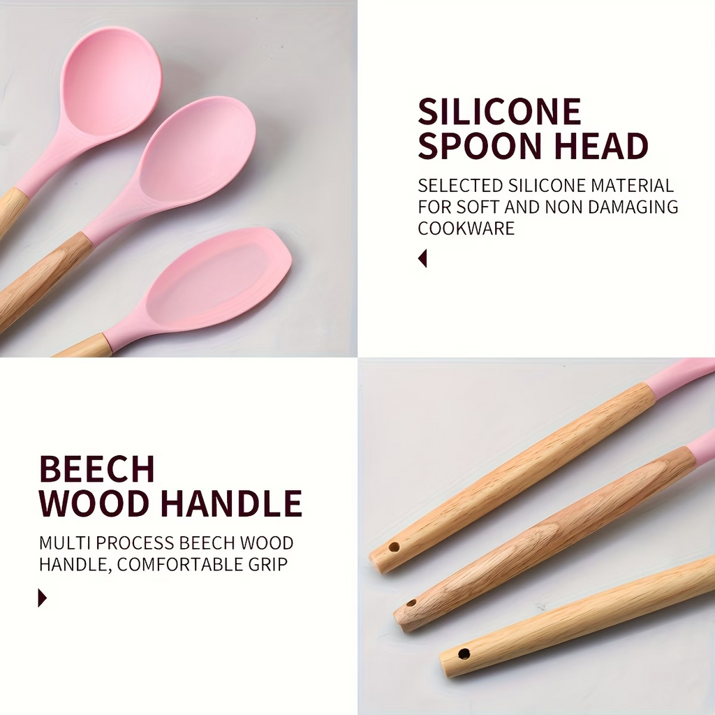 19PCS Silicone Kitchen Utensil Knife Set Nonstick Wooden Handle Tools