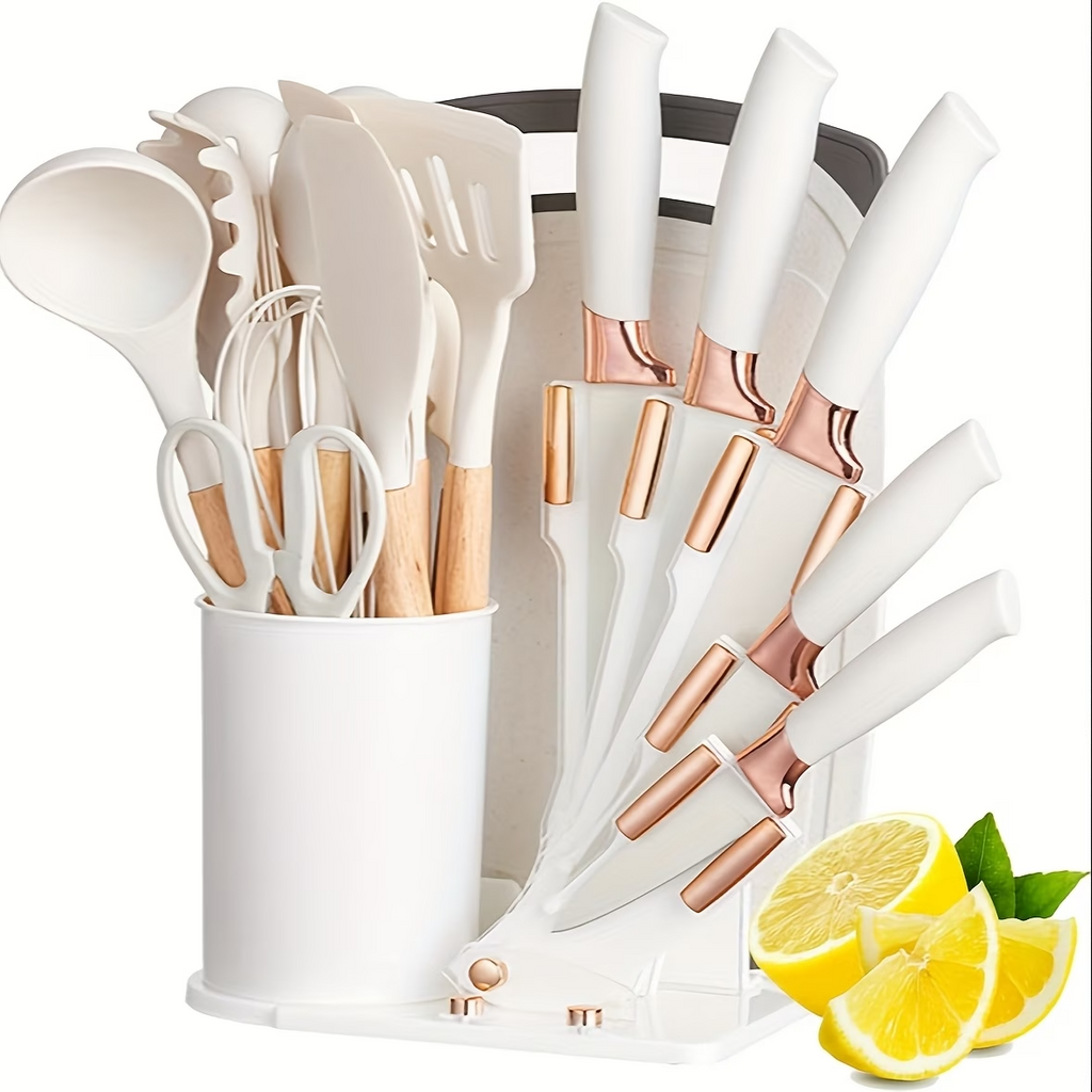 19PCS Silicone Kitchen Utensil Knife Set Nonstick Wooden Handle Tools