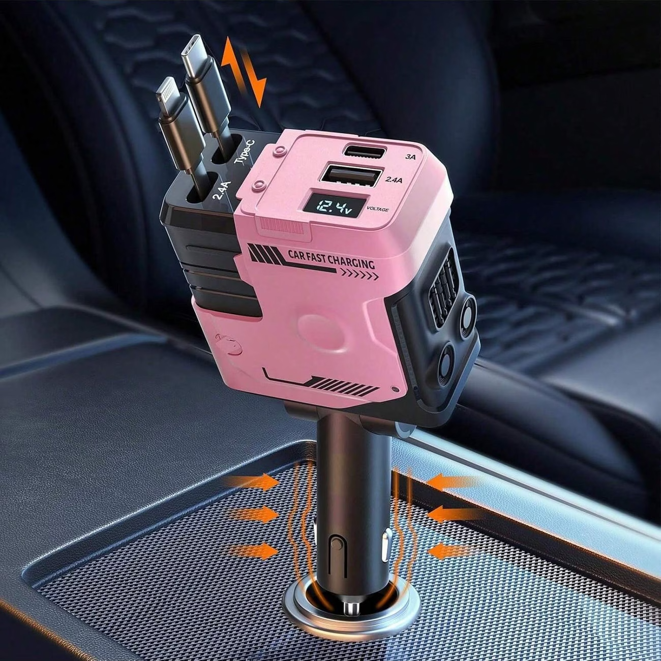 120W 4-in-1 Retractable Car Charger PD Fast USB-C iPhone Samsung