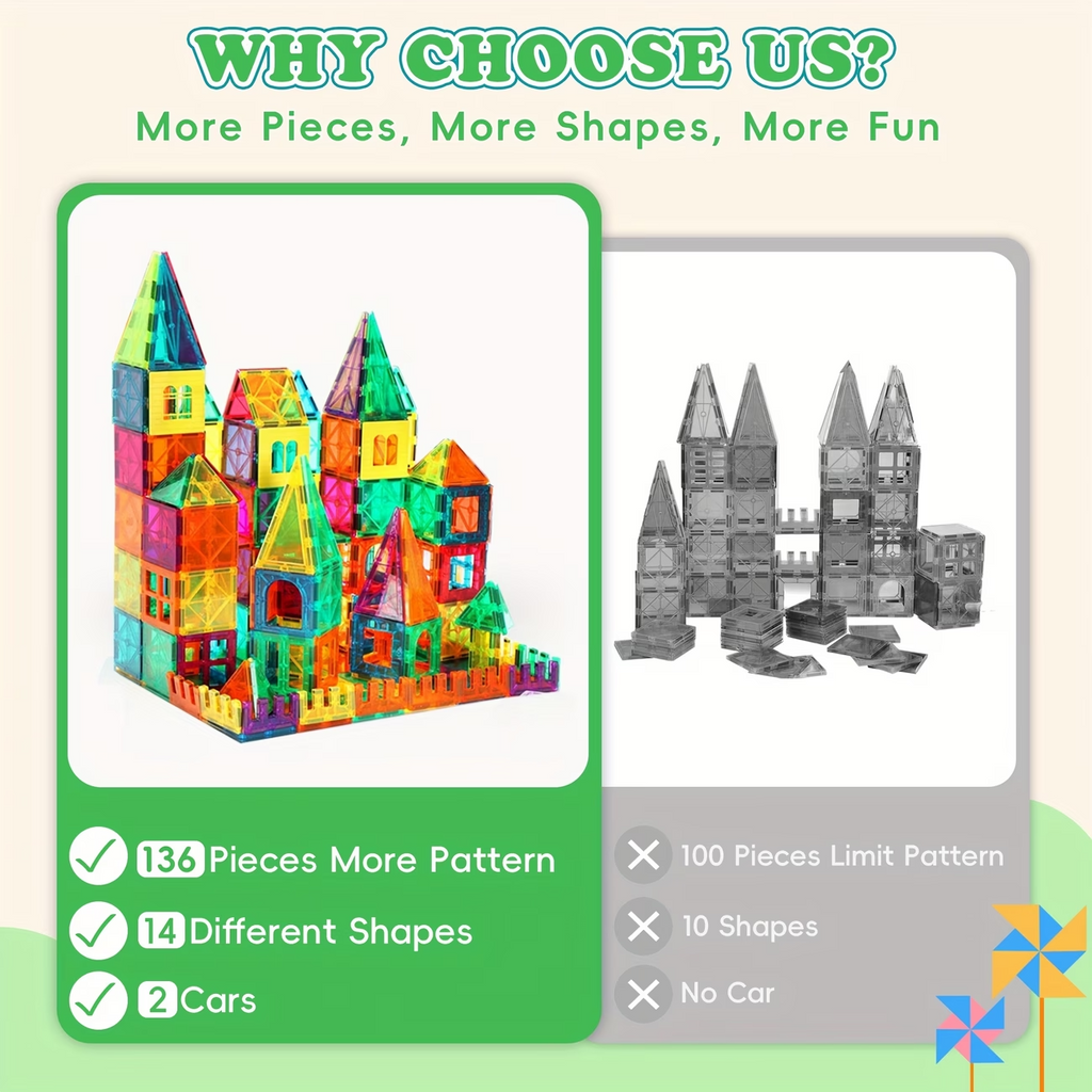 136PCS Magnetic Tiles Building Blocks Kids STEM Toy Set w/ Cars Educational Gift