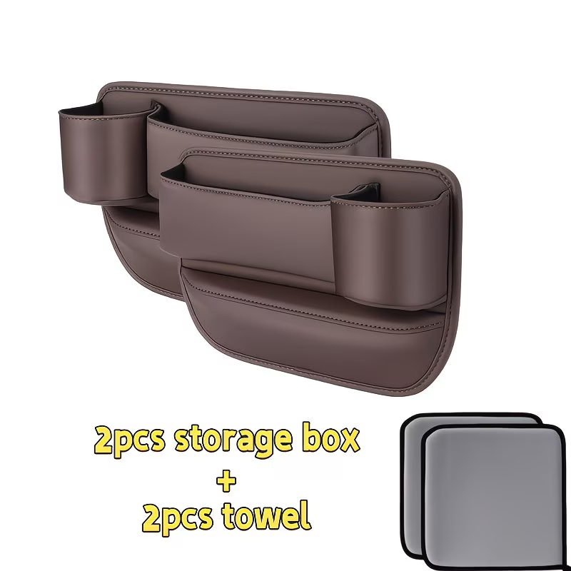 2PCS Car Seat Gap Filler Organizer Brown Phone Holder Wallet Key Storage Box