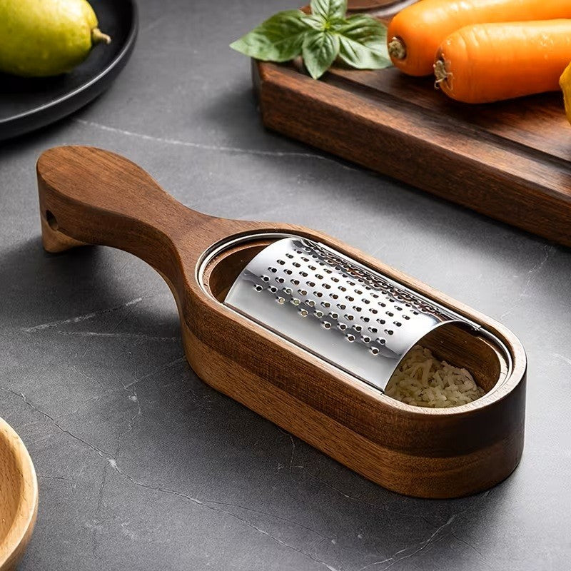 1pc Stainless Steel Cheese Grater with Acacia Wood Storage Box, Cheese Grating