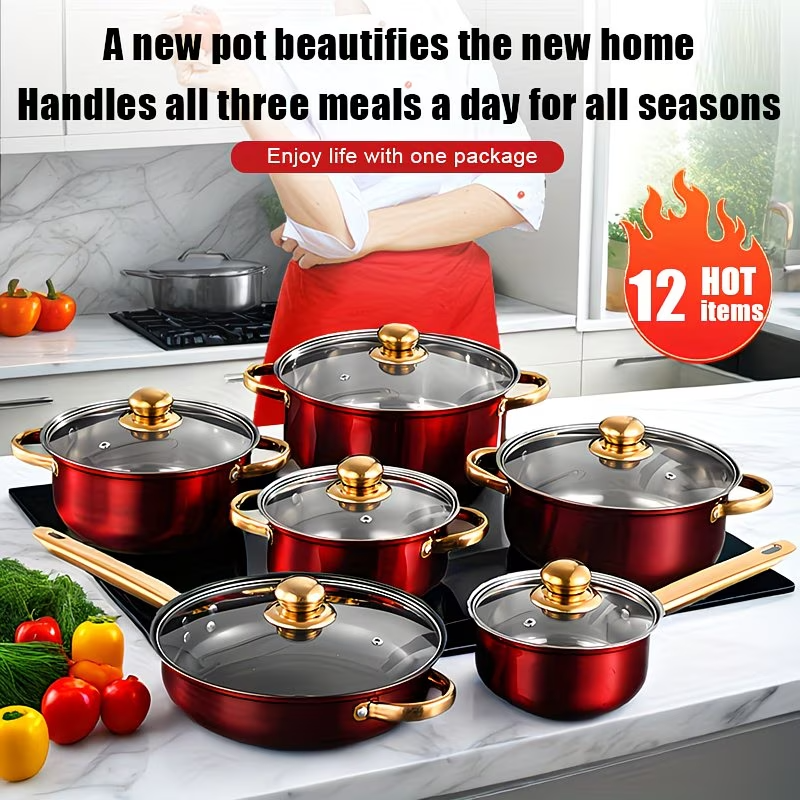 12PCS Cookware Set Nonstick Stainless Steel Pots Pans Red Kitchen Set