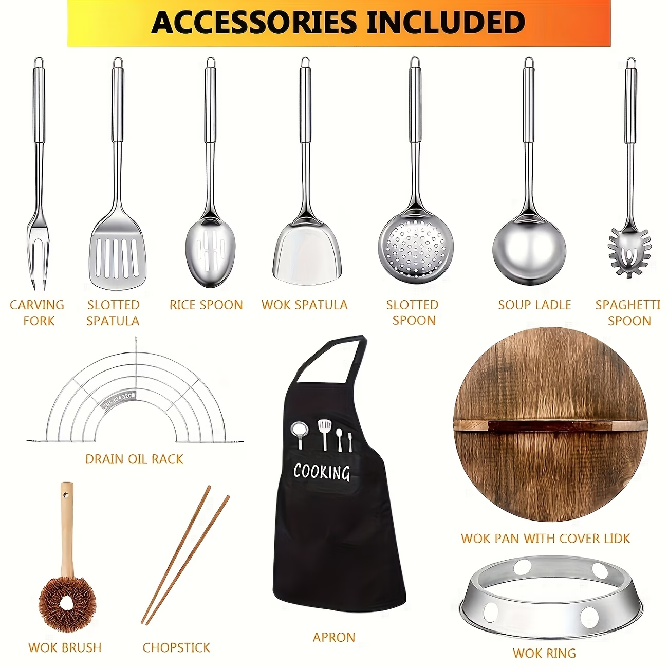 12.6'' Cast Iron Wok Pan Set Nonstick Frying Pan w/ 13 Kitchen Tools
