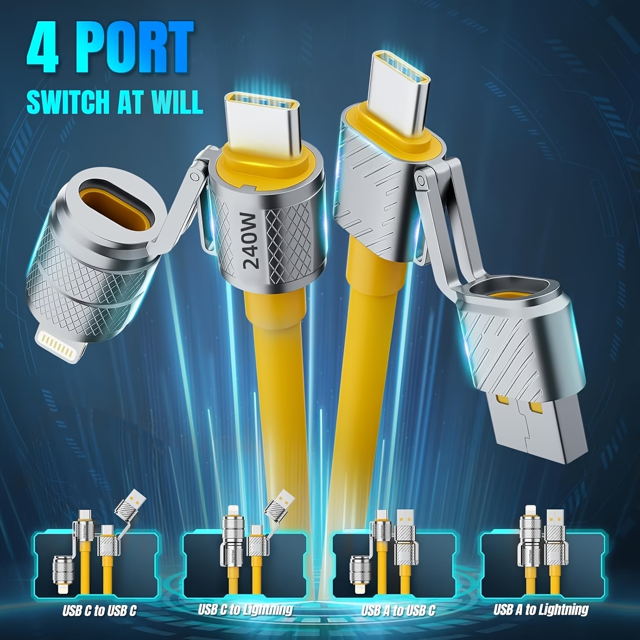 240W 4-in-1 USB C  Fast Charging Cable iPhone MacBook iPad