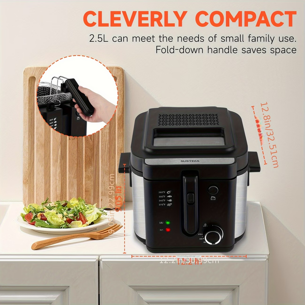 1500W Electric Deep Fryer Stainless Steel w/ Basket Adjustable Temp Non-Stick Po