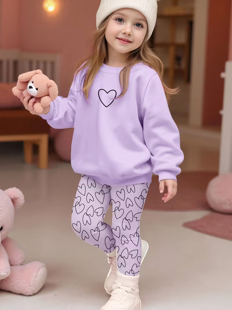 2-piece Set. Girls' Round-neck Sweatshirt with Long Pants Set, Featuring a Round